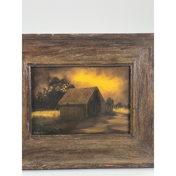 TEXAS ARTIST M. VERMILLION SIGNED OIL LANDSCAPE PAINTING-CABIN YELLOW SKY TREES - Picture 2 of 14